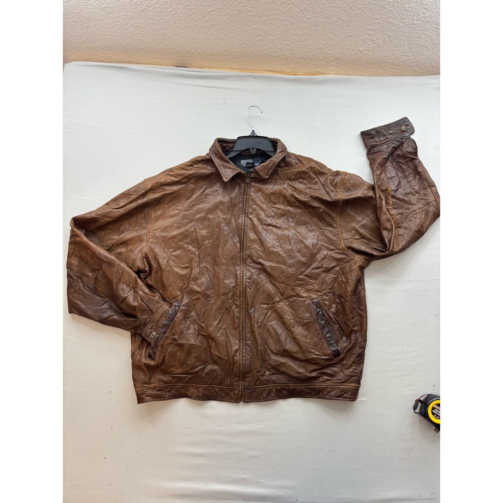 Polo Ralph Lauren Brown Leather Bomber Jacket Mens XXL Vintage Plaid Distressed
